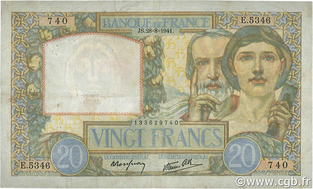 20 Francs TRAVAIL ET SCIENCE FRANCE  1941 F.12.17 TB