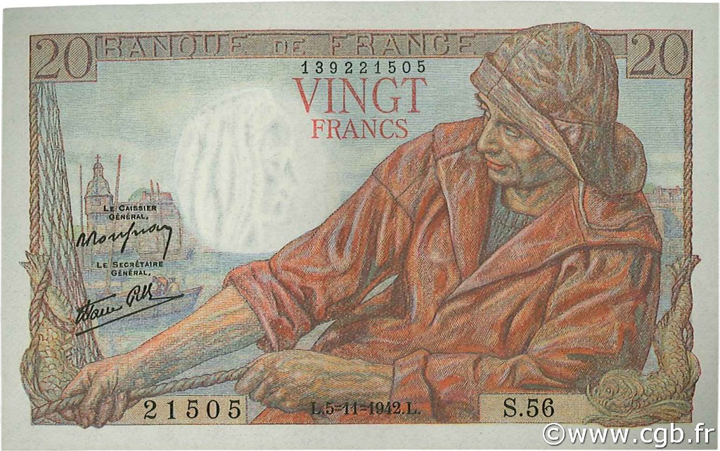 20 Francs PÊCHEUR FRANCE  1942 F.13.04 NEUF