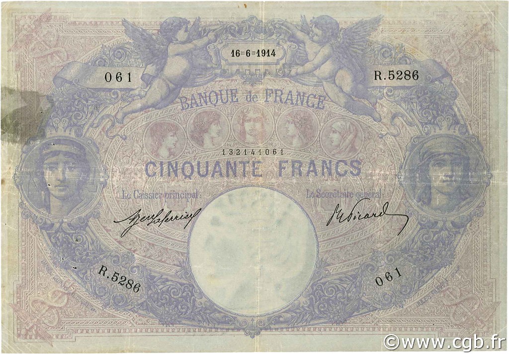 50 Francs BLEU ET ROSE FRANCE  1914 F.14.27 F+