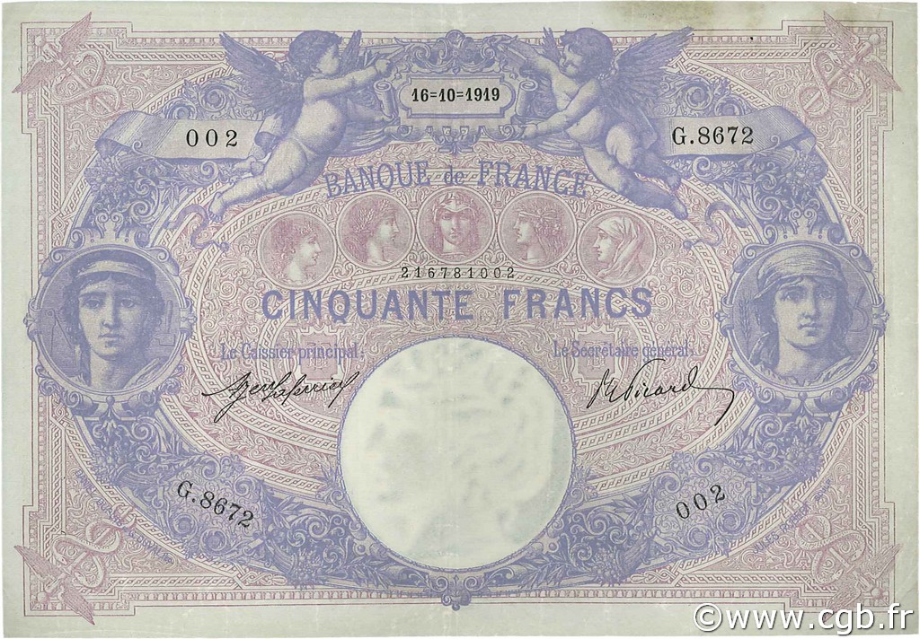 50 Francs BLEU ET ROSE FRANKREICH  1919 F.14.32 fVZ