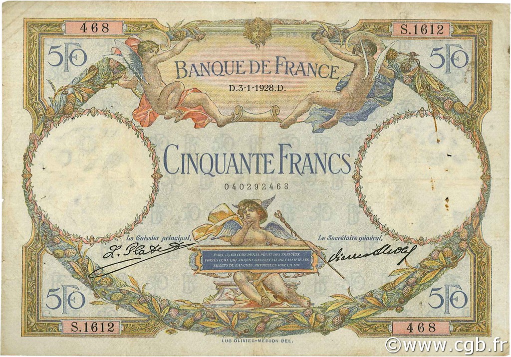 50 Francs LUC OLIVIER MERSON FRANCE  1928 F.15.02 VG