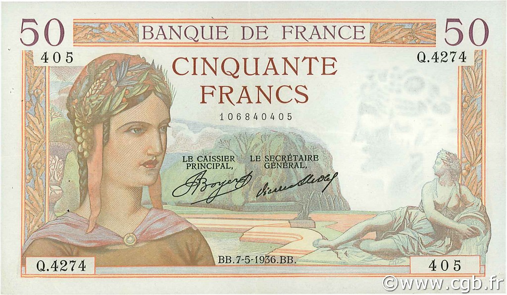 50 Francs CÉRÈS FRANKREICH  1936 F.17.25 fVZ