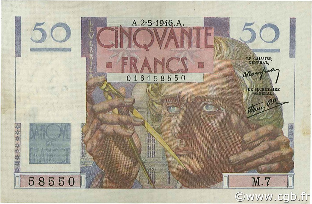 50 Francs LE VERRIER FRANCIA  1946 F.20.03 MBC+