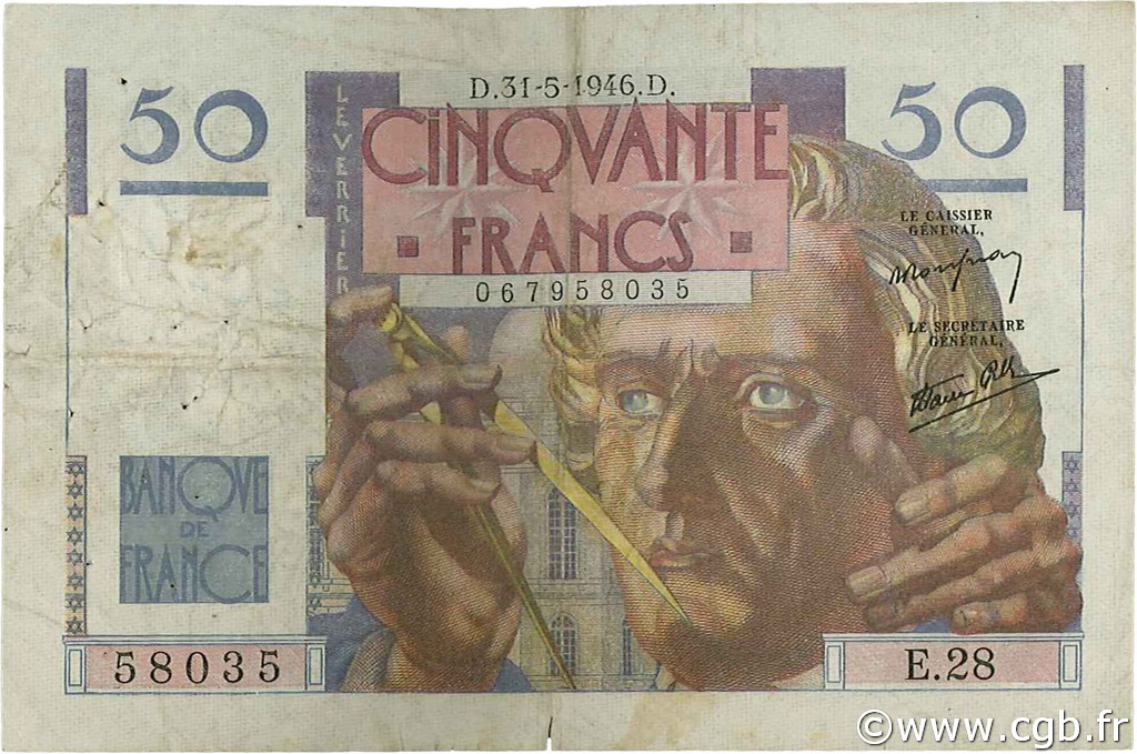 50 Francs LE VERRIER FRANCIA  1946 F.20.05 q.MB