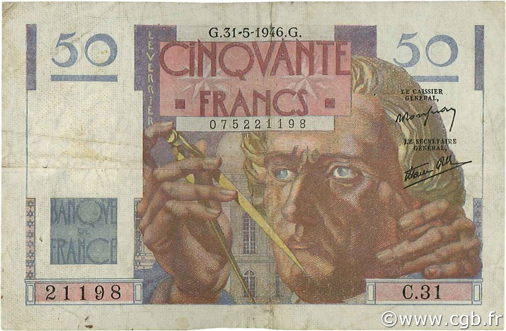 50 Francs LE VERRIER FRANCIA  1946 F.20.05 MB