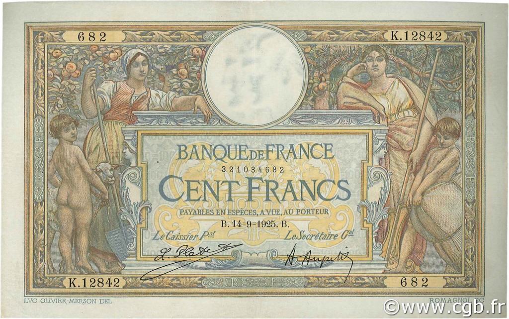 100 Francs LUC OLIVIER MERSON grands cartouches FRANKREICH  1925 F.24.03 fVZ