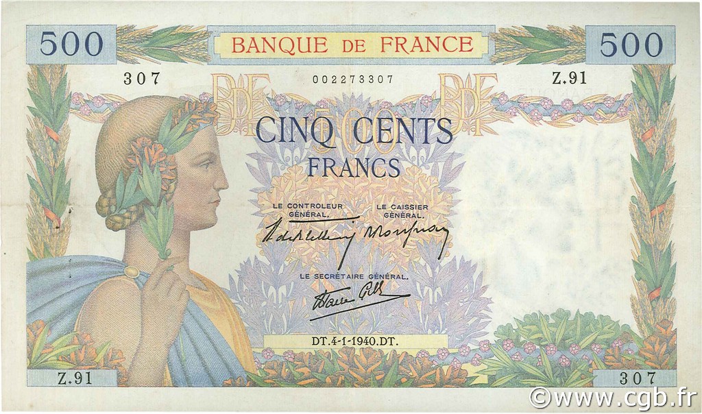 500 Francs LA PAIX FRANCE  1940 F.32.01 TTB