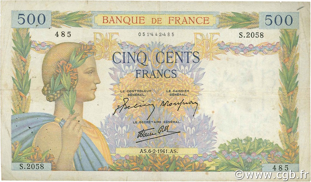 500 Francs LA PAIX FRANCIA  1941 F.32.14 MB
