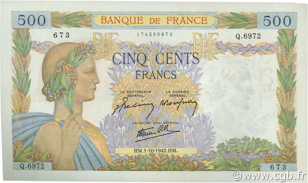 500 Francs LA PAIX FRANCIA  1942 F.32.41 FDC