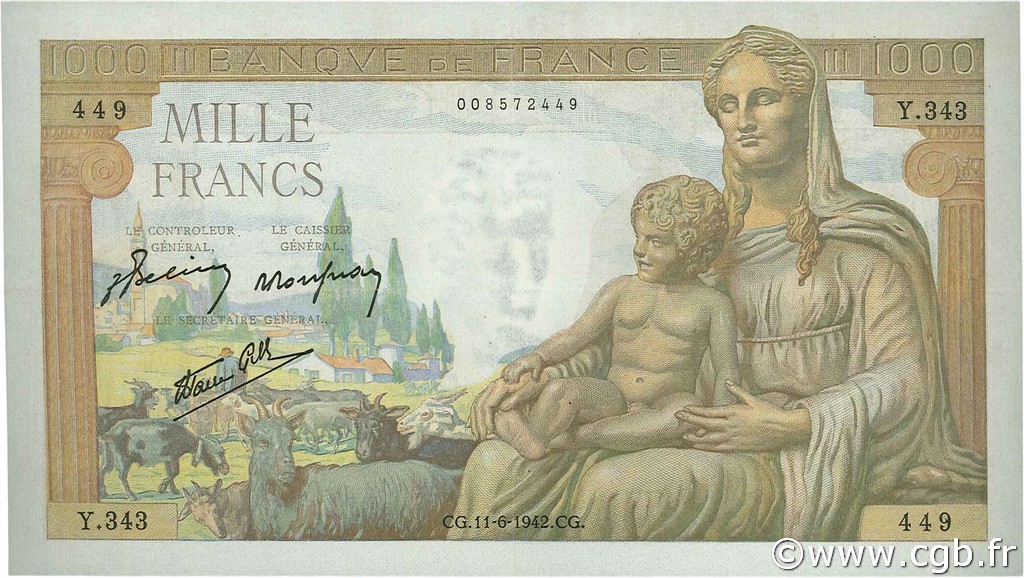 1000 Francs DÉESSE DÉMÉTER FRANCE  1942 F.40.02 SUP