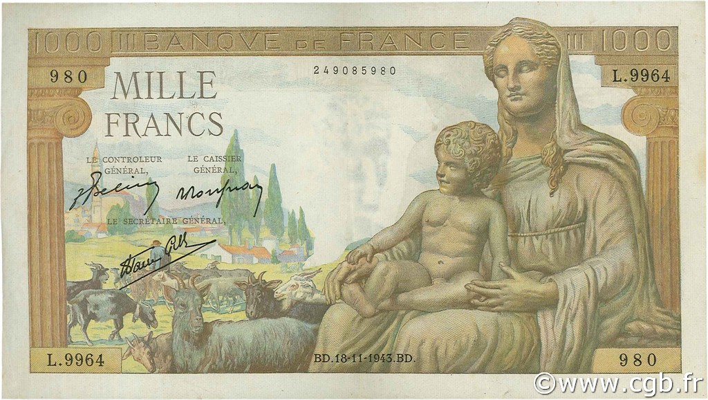 1000 Francs DÉESSE DÉMÉTER FRANKREICH  1943 F.40.40 SS to VZ