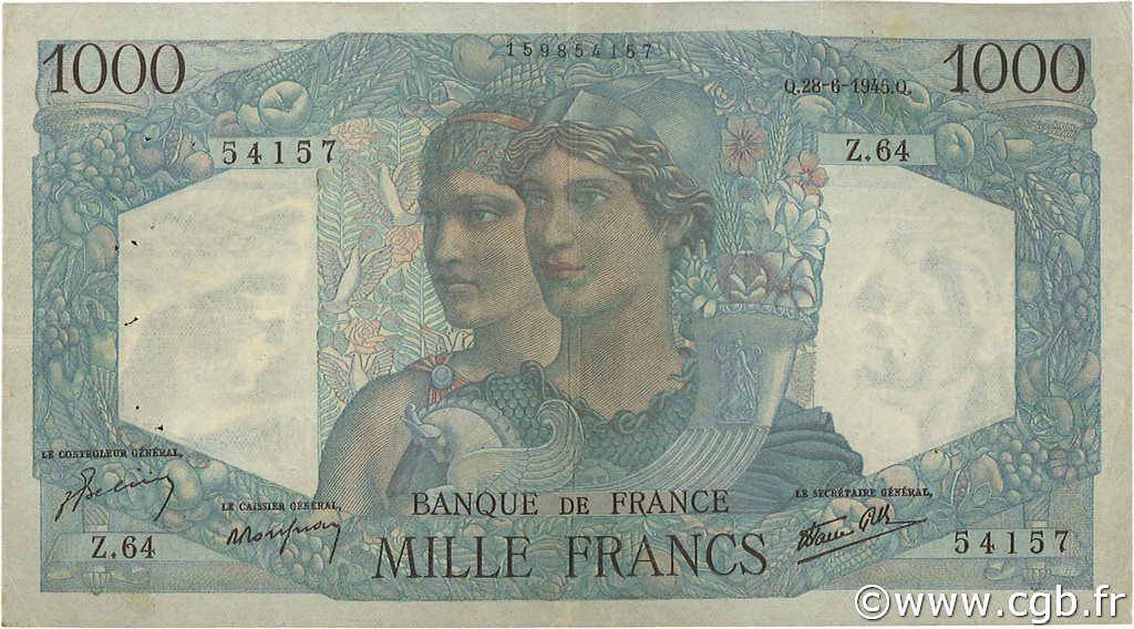 1000 Francs MINERVE ET HERCULE FRANCE  1945 F.41.05 VF