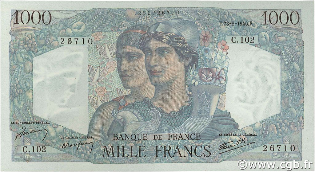 1000 Francs MINERVE ET HERCULE FRANCIA  1945 F.41.07 SC+