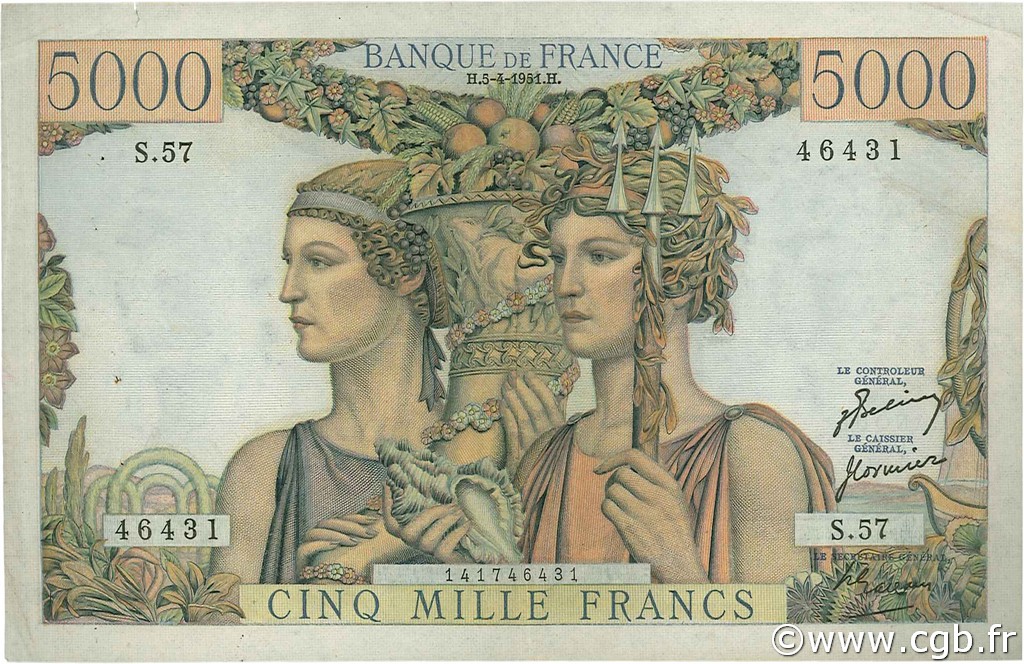 5000 Francs TERRE ET MER FRANKREICH  1951 F.48.04 fVZ