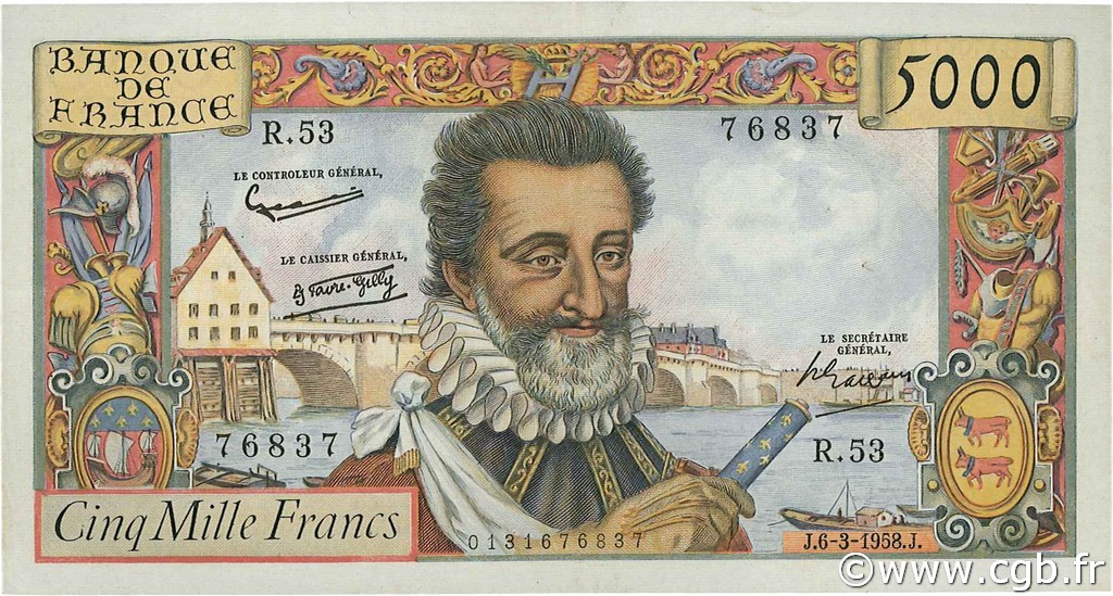 5000 Francs HENRI IV FRANCE  1958 F.49.06 VF+