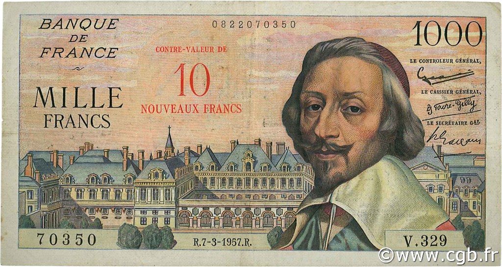 10 NF sur 1000 Francs RICHELIEU FRANCIA  1957 F.53.01 BC a MBC