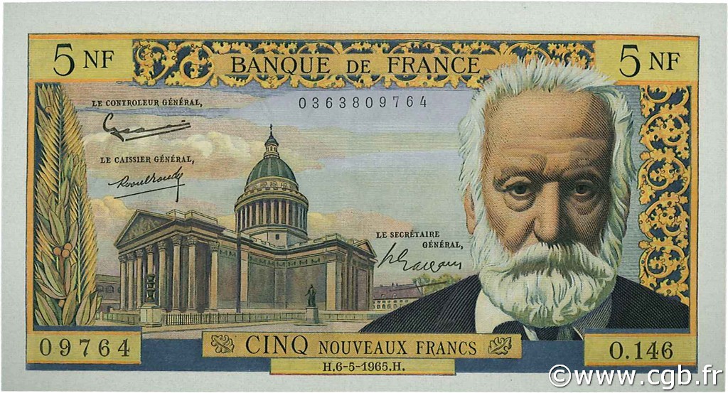 5 Nouveaux Francs VICTOR HUGO FRANCIA  1965 F.56.18 AU+