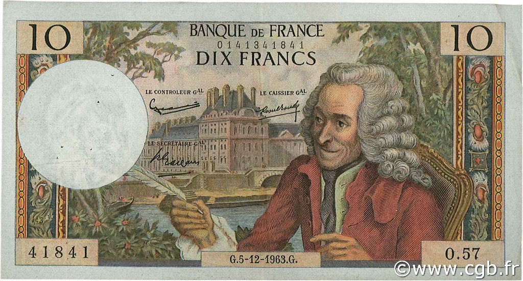 10 Francs VOLTAIRE FRANCE  1963 F.62.06 VF