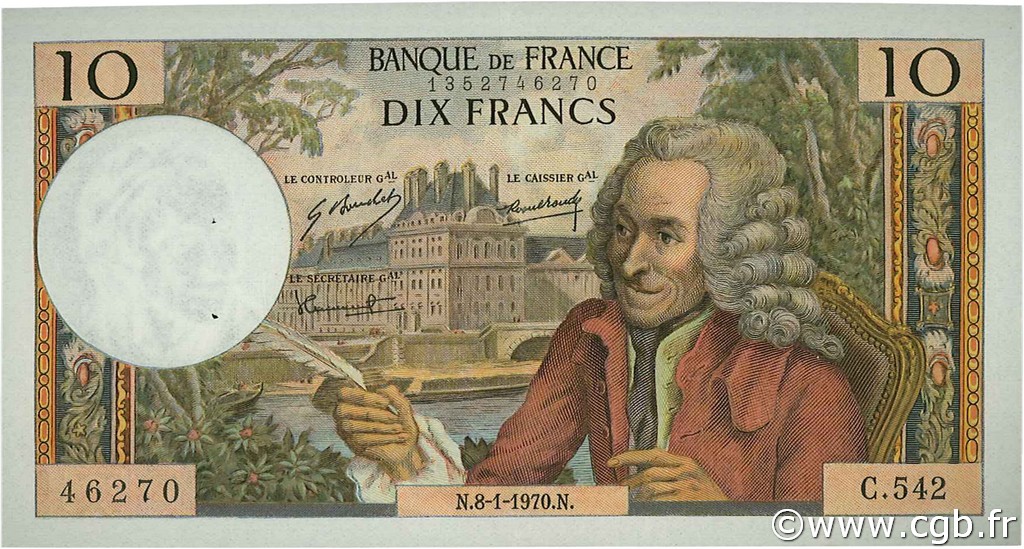 10 Francs VOLTAIRE FRANCE  1970 F.62.41 XF