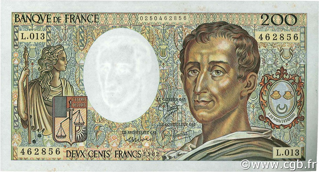 200 Francs MONTESQUIEU FRANKREICH  1982 F.70.02 VZ