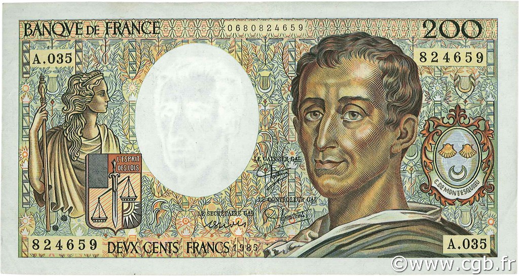 200 Francs MONTESQUIEU FRANCIA  1985 F.70.05 MBC+