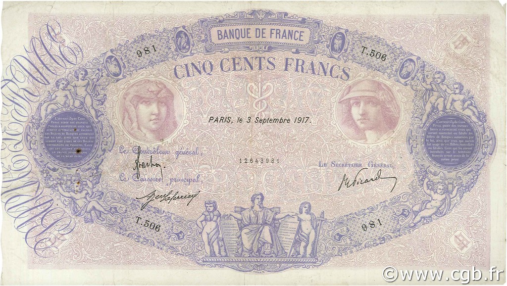 500 Francs BLEU ET ROSE FRANCE  1917 F.30.23 pr.TTB