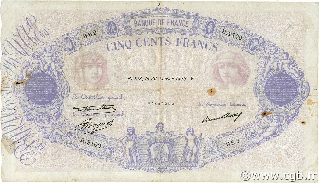 500 Francs BLEU ET ROSE FRANCIA  1933 F.30.36 MB