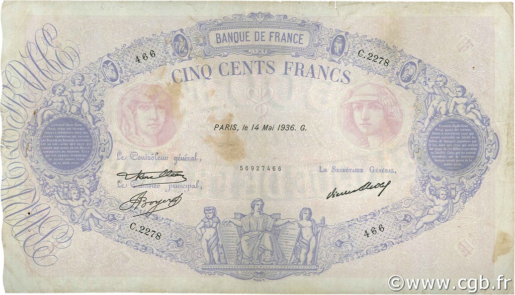 500 Francs BLEU ET ROSE FRANCE  1936 F.30.37 pr.TB