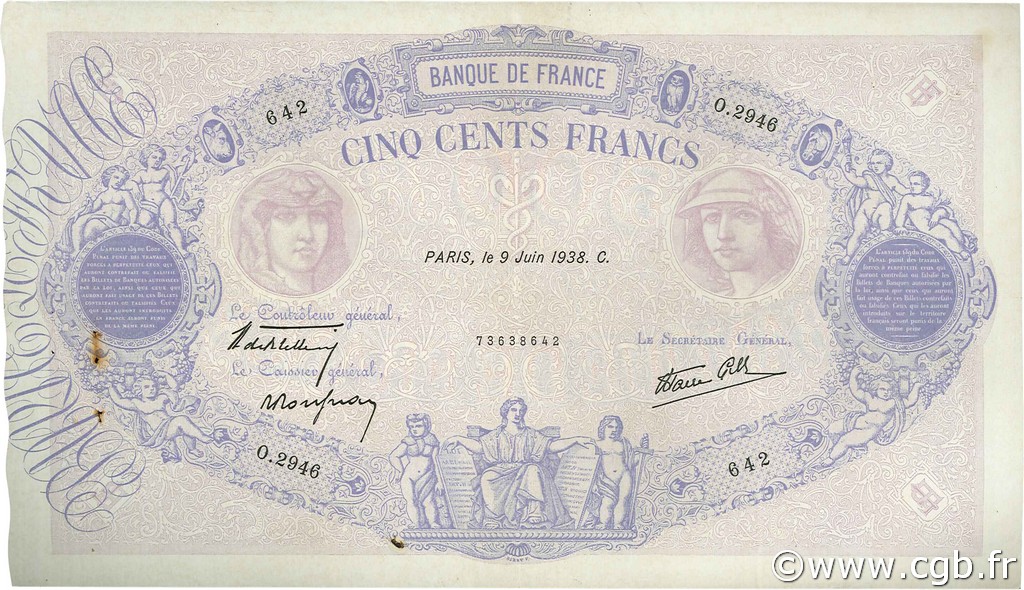 500 Francs BLEU ET ROSE modifié FRANCIA  1938 F.31.14 BB