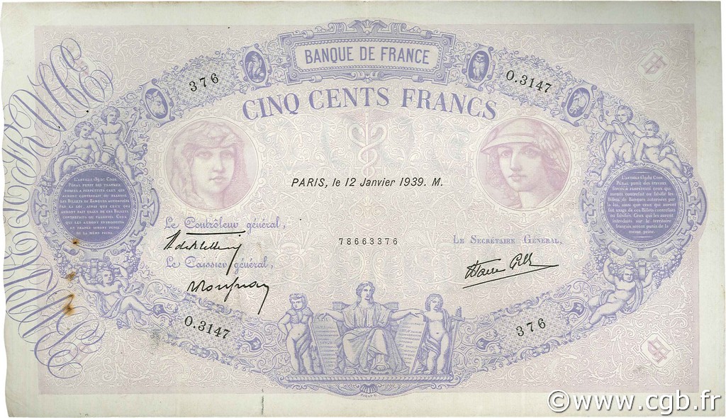500 Francs BLEU ET ROSE modifié FRANCIA  1939 F.31.22 BB