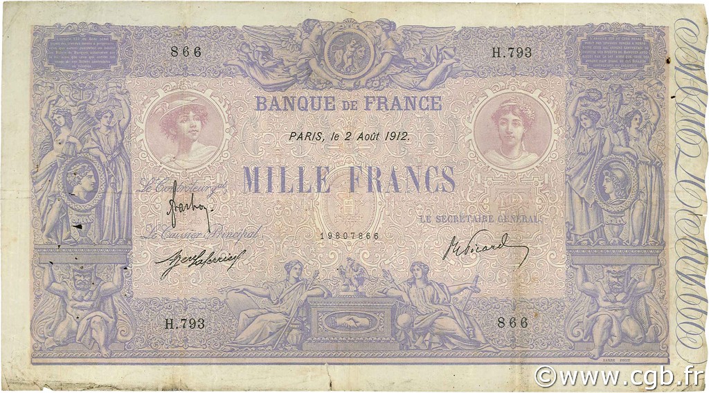 1000 Francs BLEU ET ROSE FRANCIA  1912 F.36.26 BC