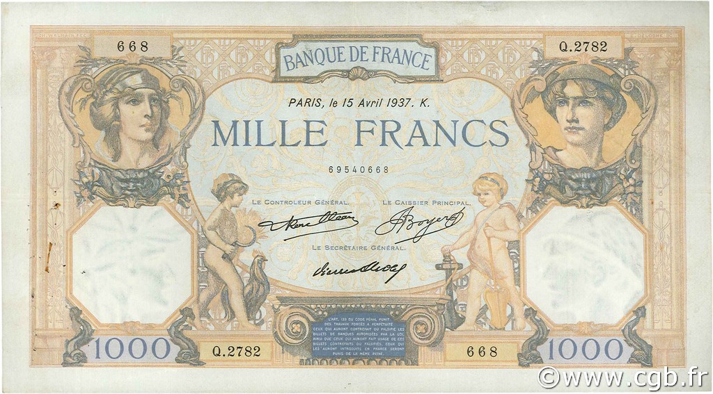 1000 Francs CÉRÈS ET MERCURE FRANKREICH  1937 F.37.10 SS
