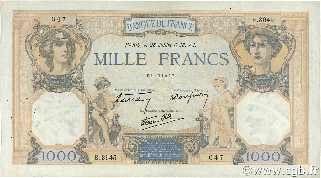 1000 Francs CÉRÈS ET MERCURE type modifié FRANKREICH  1938 F.38.25 SS