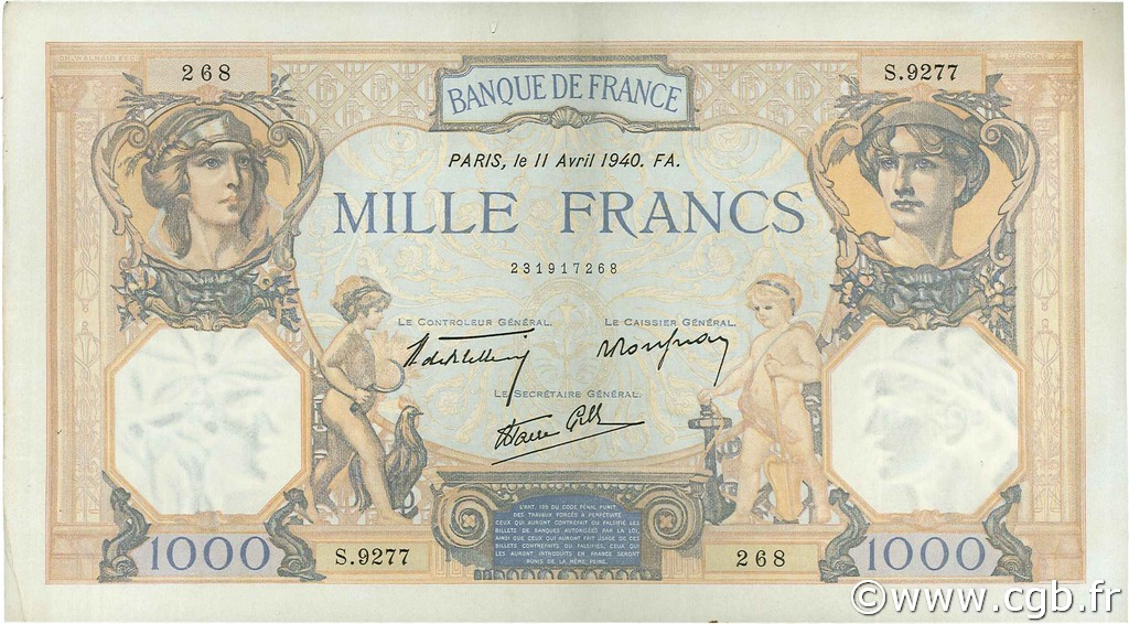 1000 Francs CÉRÈS ET MERCURE type modifié FRANCIA  1940 F.38.45 MBC a EBC