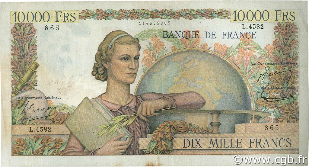 10000 Francs GÉNIE FRANÇAIS FRANCIA  1953 F.50.64 BB