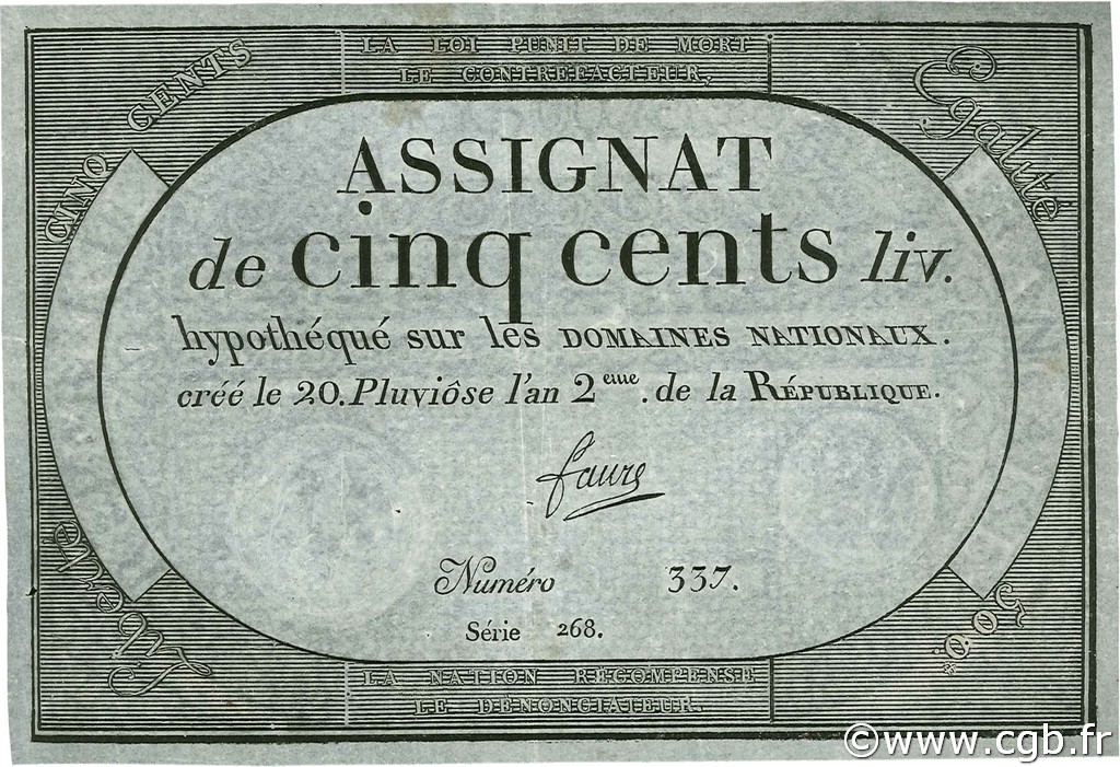 500 Livres FRANCIA  1794 Ass.47a MBC+