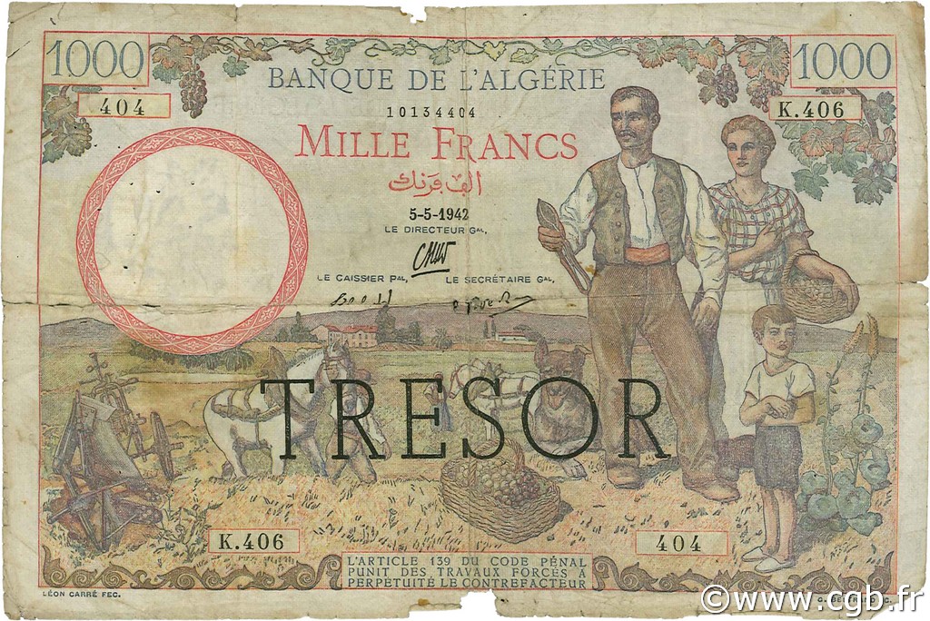 1000 Francs ALGÉRIE FRANKREICH  1942 VF.10.01 SGE