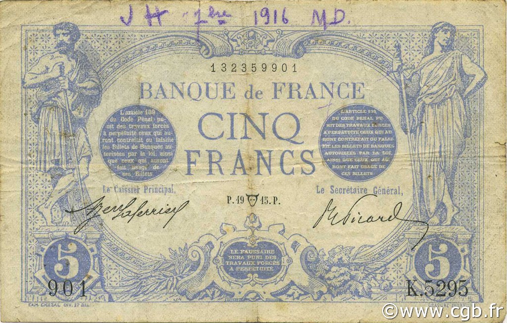 5 Francs BLEU FRANCIA  1915 F.02.26 MB