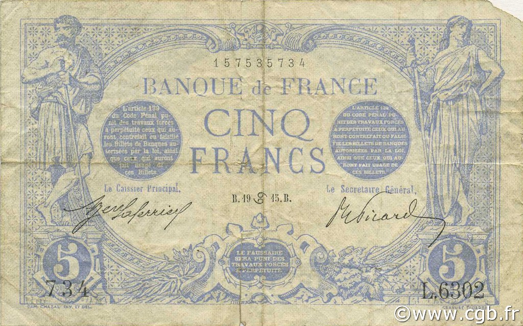 5 Francs BLEU FRANKREICH  1915 F.02.28 S