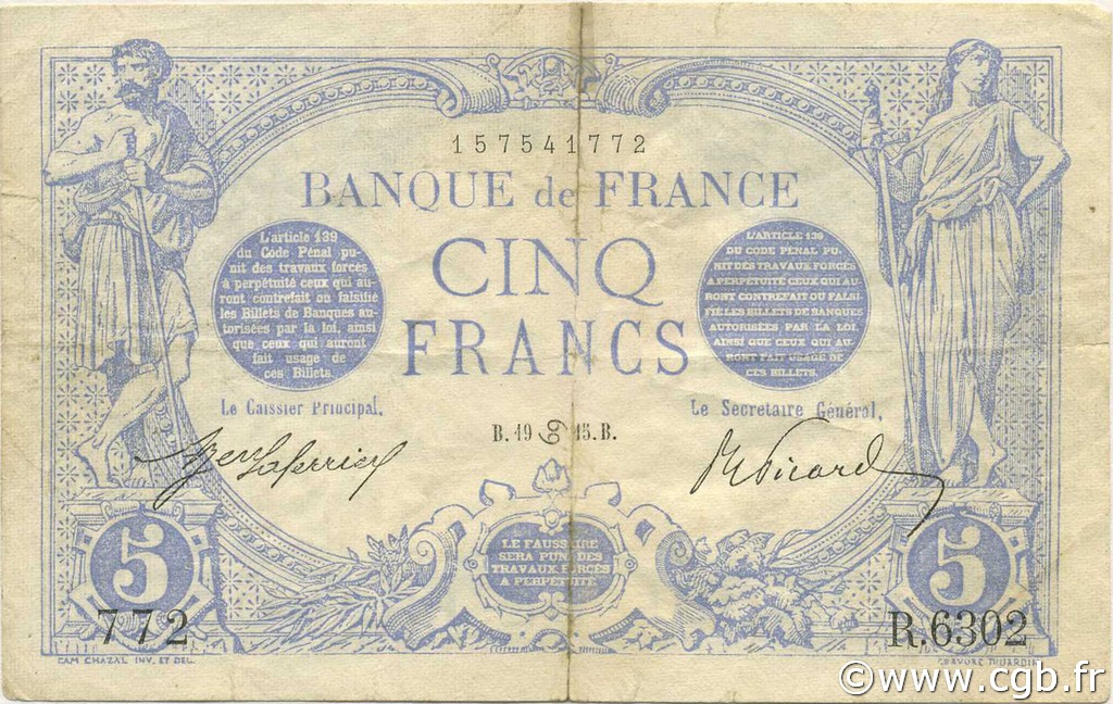 5 Francs BLEU FRANCIA  1915 F.02.28 MB