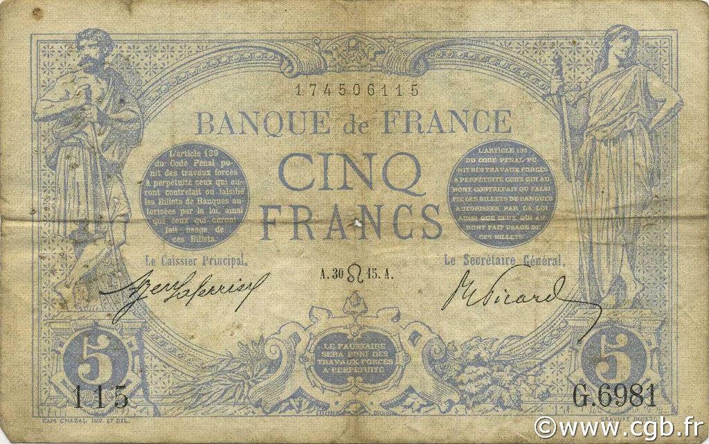5 Francs BLEU FRANCE  1915 F.02.29 F-
