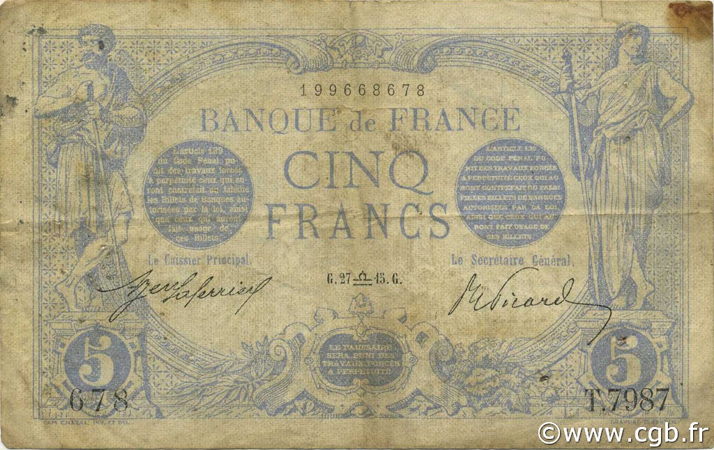 5 Francs BLEU FRANCIA  1915 F.02.31 q.MB