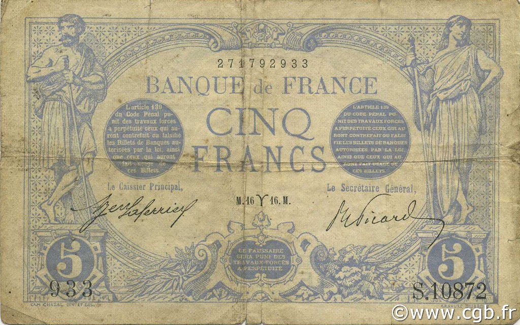 5 Francs BLEU FRANCIA  1916 F.02.37 RC+