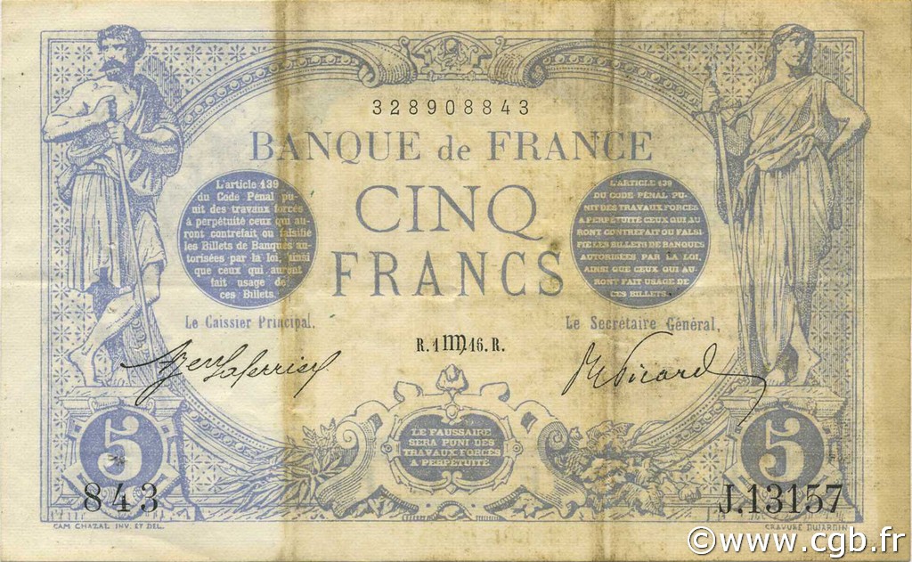 5 Francs BLEU FRANCIA  1916 F.02.42 BB