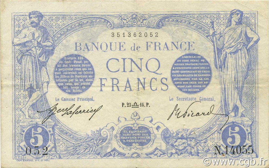 5 Francs BLEU FRANCE  1916 F.02.43 VF+