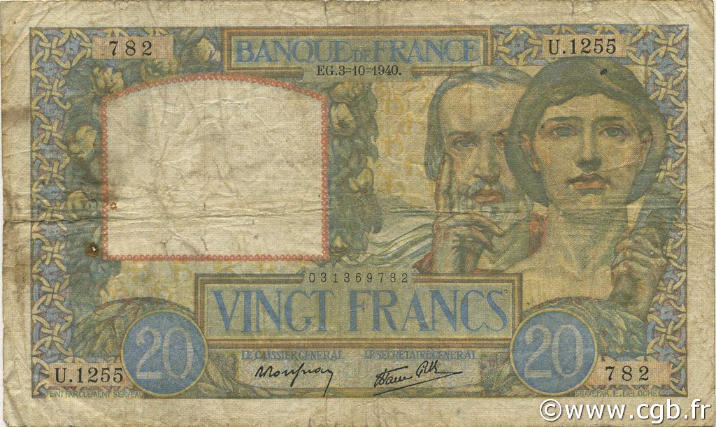 20 Francs TRAVAIL ET SCIENCE FRANCIA  1940 F.12.08 q.MB