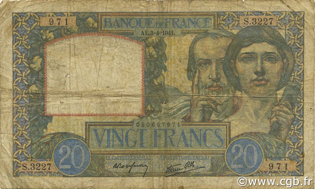 20 Francs TRAVAIL ET SCIENCE FRANKREICH  1941 F.12.13 SGE
