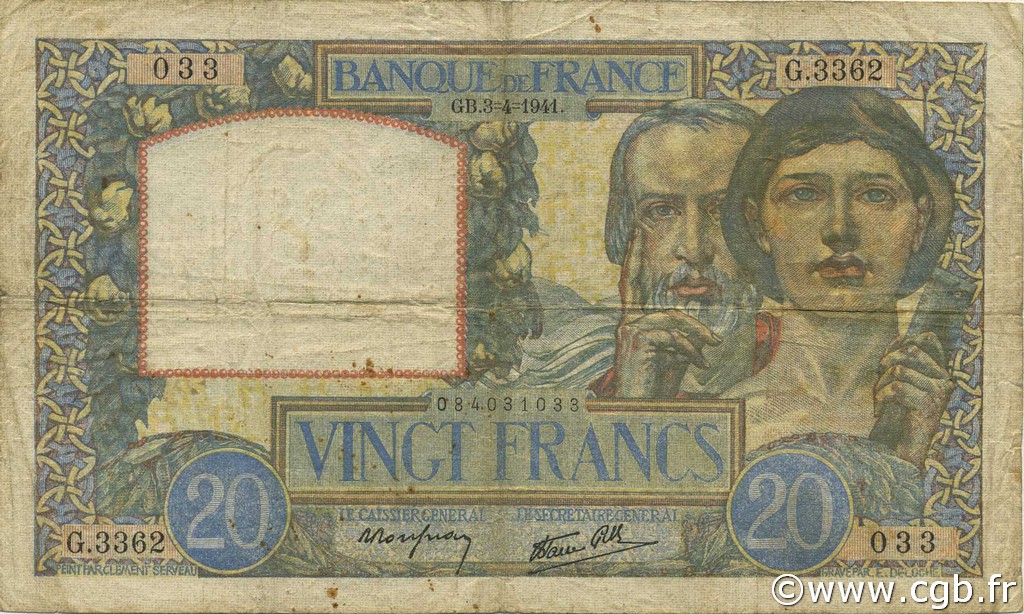 20 Francs TRAVAIL ET SCIENCE FRANCE  1941 F.12.13 F-
