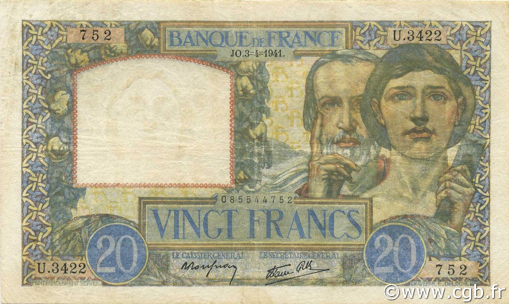 20 Francs TRAVAIL ET SCIENCE FRANCIA  1941 F.12.13 MB
