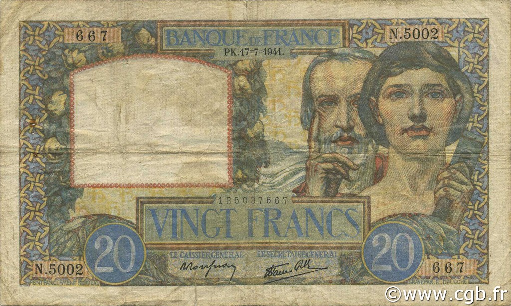 20 Francs TRAVAIL ET SCIENCE FRANCE  1941 F.12.16 VG